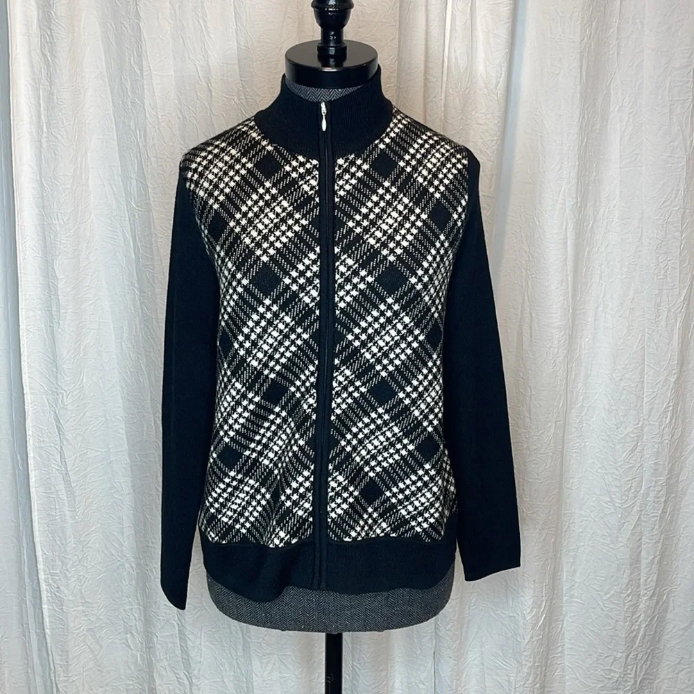Pendleton Womens Merino Wool Zip Up Sweater Jacket Black White Plaid Sz PS - Picture 1 of 6